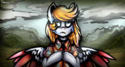 Size: 1918x1036 | Tagged: safe, artist:deraniel, oc, oc:silver hush, pegasus, pony, bags under eyes, clothes, female, hooves together, outdoors, solo, tired