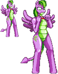 Size: 228x289 | Tagged: safe, artist:casetermk, barb, spike, anthro, pegasus, pony, unguligrade anthro, female, male, pixel art, ponified, rule 63, simple background, species swap, transparent background, wide eyes