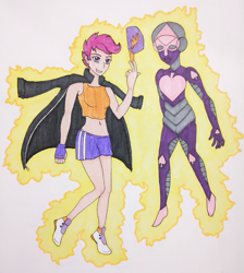 Size: 559x625 | Tagged: safe, artist:metalamethyst, scootaloo, oc, human, aura, baseball cap, belly button, cap, clothes, crossover, fingerless gloves, gloves, hat, humanized, jacket, jojo's bizarre adventure, leather jacket, midriff, older, older scootaloo, shoes, shorts, simple background, sneakers, stand, tanktop, traditional art, white background