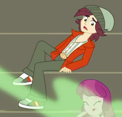 Size: 396x380 | Tagged: safe, screencap, cheerilee, normal norman, better together, choose your own ending, equestria girls, sock it to me, sock it to me: bulk biceps, background human, clothes, female, foot odor, hat, male, pants, shoes, smelly, smelly sock, sneakers