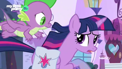 Size: 1366x768 | Tagged: safe, screencap, spike, twilight sparkle, twilight sparkle (alicorn), alicorn, dragon, the point of no return, flying, running, saddle bag, winged spike