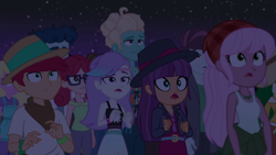 Size: 1920x1080 | Tagged: safe, screencap, alizarin bubblegum, curly winds, ginger owlseye, hunter hedge, raspberry lilac, sandy cerise, snow flower, some blue guy, sweet leaf, track starr, wiz kid, zephyr breeze, better together, equestria girls, sunset's backstage pass!, background human, clothes, fedora, female, hat, male, midriff, night, night sky, offscreen character, panama hat, sky, tanktop