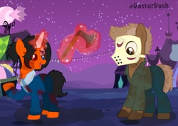 Size: 2395x1705 | Tagged: safe, artist:dasturdash, oc, oc:gears grind, oc:zachary edmonds, earth pony, pony, unicorn, axe, base used, blood, clothes, female, hockey mask, jacket, magic, male, mare, mask, night, nightmare night, stallion, unicorn magic, weapon