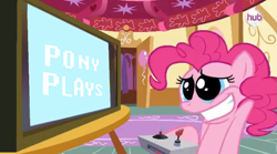 Size: 933x518 | Tagged: safe, edit, edited screencap, editor:logan jones, screencap, pinkie pie, earth pony, pony, adorable face, big eyes, controller, cute, female, hub logo, oneyplays, sugarcube corner, television, the hub