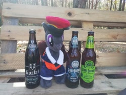 Size: 4160x3120 | Tagged: safe, oc, oc:steel road, pony, alcohol, beer, blackletter, forest, photo, plushie, poland, polish, silly