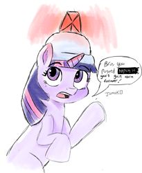 Size: 2117x2576 | Tagged: safe, artist:jomok0, twilight sparkle, unicorn twilight, unicorn, alarm, bro you just posted cringe you're going to lose subscriber, dialogue, helmet, simple background, sketch, white background, word balloon