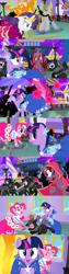 Size: 1234x4859 | Tagged: safe, alternate version, artist:christhes, derpibooru import, pinkie pie, prince blueblood, twilight sparkle, unicorn twilight, bird, earth pony, pony, unicorn, collaboration, comic:friendship is dragons, angry, baldur's gate, blast, cloak, clothes, comic, dress, evil grin, eyes closed, female, fight, flower, flower pot, frown, gala dress, glowing horn, grin, hat, horn, imoen, jewelry, looking back, magic, magic blast, male, mare, ninja, ponified, rose, show accurate, smiling, stallion, tiara