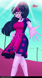 Size: 1073x2000 | Tagged: safe, artist:clouddg, sci-twi, twilight sparkle, better together, equestria girls, spring breakdown, clothes, crepuscular rays, cute, dress, dress interior, female, glasses, open mouth, signature, solo, twiabetes