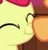 Size: 287x301 | Tagged: safe, derpibooru import, screencap, apple bloom, applejack, earth pony, pony, going to seed, adorabloom, boop, close-up, cropped, cute, eyes closed, offscreen character, scrunchy face, solo focus