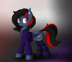 Size: 3500x3000 | Tagged: safe, artist:sealedseal, oc, oc:bloody moonrise, bat pony, pony, clothes, female, high res, hoodie, mare, socks, solo, striped socks