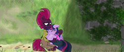 Size: 2757x1160 | Tagged: safe, artist:ejlightning007arts, tempest shadow, twilight sparkle, twilight sparkle (alicorn), alicorn, unicorn, broken horn, clothes, crossover, eye scar, eyes closed, female, horn, hug, judy hopps, lesbian, nick wilde, scar, shipping, tempestlight, zootopia