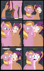 Size: 5000x8000 | Tagged: safe, artist:chedx, oc, oc:fast hooves, oc:home defence, oc:king speedy hooves, earth pony, pegasus, pony, unicorn, comic:the fusion flashback, blushing, butt, clydesdale, comic, commissioner:bigonionbean, confused, confusion, conjoined, cutie mark, dialogue, fusion, fusion:fast hooves, fusion:home defence, fusion:king speedy hooves, magic, merge, merging, panicking, plot, potion, swelling, swollen, writer:bigonionbean