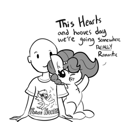 Size: 2250x2250 | Tagged: safe, artist:tjpones, part of a set, oc, oc:brownie bun, oc:richard, earth pony, human, pony, horse wife, bald, chest fluff, dialogue, female, grayscale, hearts and hooves day, holiday, jewelry, male, mare, monochrome, necklace, pearl necklace, simple background, valentine's day, white background