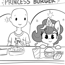 Size: 2250x2250 | Tagged: safe, artist:tjpones, part of a set, oc, oc:brownie bun, oc:richard, earth pony, human, pony, horse wife, bald, burger, chest fluff, female, food, french fries, grayscale, hay burger, hearts and hooves day, holiday, jewelry, male, mare, monochrome, necklace, pearl necklace, salad, simple background, softdrink, tiara, valentine's day, white background