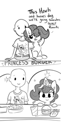 Size: 2250x4500 | Tagged: safe, artist:tjpones, part of a set, oc, oc only, oc:brownie bun, oc:richard, earth pony, human, pony, horse wife, bald, burger, chest fluff, comic, dialogue, female, food, french fries, grayscale, hay burger, hearts and hooves day, holiday, jewelry, male, mare, monochrome, necklace, oc x oc, pearl necklace, romantic, salad, shipping, simple background, softdrink, straight, tiara, valentine's day, white background