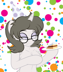 Size: 1686x1936 | Tagged: safe, artist:digiqrow, oc, oc:solaria, semi-anthro, unicorn, birthday, cake, chest fluff, eating, food, glasses