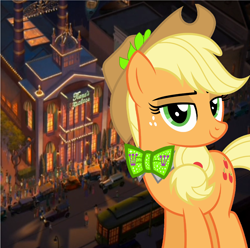 Size: 2640x2616 | Tagged: safe, artist:disneymarvel96, derpibooru import, applejack, earth pony, pony, bowtie, cowboy hat, disney, disney princess, hat, new orleans, princess and the frog, restaurant, tiana