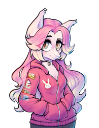 Size: 1601x2048 | Tagged: safe, artist:earthpone, oc, oc only, oc:beta virus, anthro, earth pony, anthro oc, choker, clothes, half length, hoodie, looking at you, overwatch, patches, pink, simple background, solo, standing, transparent background