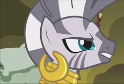Size: 1065x720 | Tagged: safe, screencap, zecora, zebra, bridle gossip, angry, beautiful, bed, bust, cyan eyes, ear piercing, earring, female, furious, gritted teeth, how dare you?, insulted, jewelry, looking at someone, mare, mohawk, narrowed eyes, neck rings, piercing, portrait, profile, solo, stripes, yelling, zecora is not amused, zecora's hut