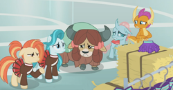 Size: 1366x716 | Tagged: safe, screencap, lighthoof, ocellus, shimmy shake, smolder, yona, changedling, changeling, dragon, earth pony, pony, yak, 2 4 6 greaaat, bow, cheerleader outfit, clothes, clothes hanger, cloven hooves, dragoness, female, gym, hair bow, hay, hay bale, mare, nervous, pleated skirt, pom pom, ponytail, raised hoof, sad, skirt, worried