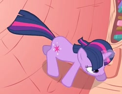 Size: 650x502 | Tagged: safe, screencap, twilight sparkle, unicorn twilight, pony, unicorn, look before you sleep, book, cropped, cute, female, glowing horn, golden oaks library, horn, magic, mare, overhead view, solo