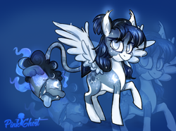 Size: 2660x1984 | Tagged: safe, artist:yojohcookie, oc, oc only, original species, pegasus, pony, blue, commission, female, light, long hair, mare, mexico, moon, raised hoof, socks (coat marking), zoom layer