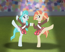 Size: 2722x2186 | Tagged: safe, artist:banquo0, lighthoof, shimmy shake, pony, 2 4 6 greaaat, buckball, cheering, cheerleader, clothes, cute, duo, one eye closed, pleated skirt, ponytail, skirt, skirt lift, wink