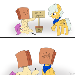 Size: 2133x2133 | Tagged: safe, artist:itwasscatters, oc, oc:paper bag, oc:scatter, earth pony, pegasus, pony, comic, drawing, female, male, paper bag, sign, simple background, white background