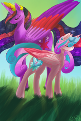Size: 1000x1500 | Tagged: safe, artist:colourblossom, princess flurry heart, princess twilight 2.0, twilight sparkle, twilight sparkle (alicorn), alicorn, pony, the last problem, aunt and niece, colored wings, duo, eyes closed, multicolored wings, older, older flurry heart, signature, wings