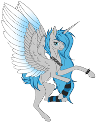 Size: 1024x1274 | Tagged: safe, artist:clarissa0210, oc, oc:moonbeam zodiac, alicorn, pony, alicorn oc, colored wings, colored wingtips, ear piercing, female, leg warmers, mare, one eye closed, piercing, simple background, solo, spiked wristband, transparent background, wink, wristband