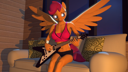 Size: 1920x1080 | Tagged: safe, artist:skylairo, scootaloo, anthro, pegasus, 3d, armpits, female, flying v, glowing eyes, guitar, light, musical instrument, night, pillow, sad face, scootabass, shadow, sofa bed, solo, source filmmaker, wings