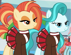 Size: 807x627 | Tagged: safe, screencap, lighthoof, ocellus, shimmy shake, earth pony, pony, 2 4 6 greaaat, cheerleader outfit, clothes, cropped, duo focus, female, lidded eyes, mare, pleated skirt, ponytail, skirt