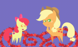 Size: 648x397 | Tagged: safe, artist:agrol, derpibooru import, apple bloom, applejack, big macintosh, the great seedling, earth pony, pony, going to seed, animated, apple, arabesque pattern, cowboy hat, duo, female, filly, food, hat, implied big macintosh, lineless, male, mare, no pupils, open mouth, pointy ponies, purple background, scene interpretation, siblings, silhouette, simple background, stallion, trio