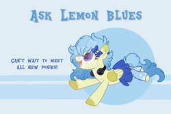 Size: 1280x854 | Tagged: safe, artist:irennecalder, oc, oc:lemon blues, pegasus, pony, clothes, deviantart watermark, female, headphones, mare, obtrusive watermark, skirt, socks, solo, two toned wings, watermark, wings