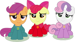 Size: 1140x642 | Tagged: safe, artist:stephen-fisher, apple bloom, scootaloo, sweetie belle, bodysuit, calm, cutie mark crusaders, floppy ears, hippie, jewelry, latex, latex suit, necklace, peace suit, peace symbol, peaceful, sad smile, simple background, smiling, transparent background, trio