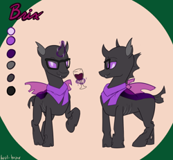 Size: 506x468 | Tagged: safe, artist:ball-braix, oc, oc:brix, changeling, alcohol, changeling oc, clothes, glass, glasses, purple changeling, reference sheet, scarf, solo, wine, wine glass