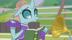 Size: 1366x768 | Tagged: safe, screencap, ocellus, 2 4 6 greaaat, bleachers, book, cheerleader, cheerleader ocellus, cheerleader outfit, clothes, gramophone, looking down, nervous, pom pom, solo