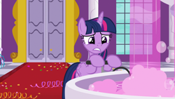 Size: 1920x1080 | Tagged: safe, screencap, twilight sparkle, twilight sparkle (alicorn), alicorn, pony, between dark and dawn, air pump, bubble, confetti, fountain, solo, streamers