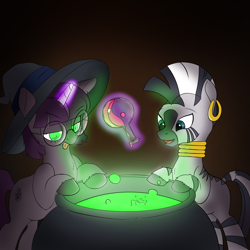 Size: 1500x1500 | Tagged: safe, artist:anonymous, zecora, oc, pony, unicorn, zebra, /mlp/, 4chan, cauldron, drawthread, duo, glasses, hat, potion, simple background, witch, witch hat