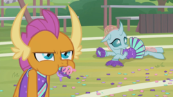 Size: 1366x768 | Tagged: safe, screencap, ocellus, smolder, 2 4 6 greaaat, cheerleader, cheerleader ocellus, cheerleader outfit, cheerleader smolder, clothes, confetti, cute, diaocelles, field, humiliated, mouthfull, outdoors, pleated skirt, pom pom, sin of pride, skirt, skirt lift, upset