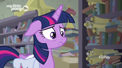 Size: 1366x768 | Tagged: safe, screencap, twilight sparkle, twilight sparkle (alicorn), alicorn, pony, the point of no return, book, bookshelf, nervous, saddle bag, scroll, sweat