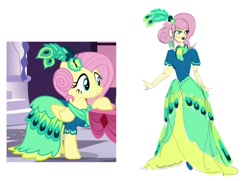 Size: 1280x929 | Tagged: safe, artist:ponyretirementhome, edit, screencap, fluttershy, pegasus, pony, equestria girls, make new friends but keep discord, alternate hairstyle, clothes, dress, ear piercing, earring, feather, female, flats, gala dress, jewelry, lipstick, mare, piercing, raised hoof, scarf, simple background, solo, table, white background