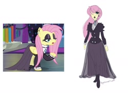 Size: 1280x926 | Tagged: safe, artist:ponyretirementhome, edit, screencap, fluttershy, human, pegasus, pony, equestria girls, fake it 'til you make it, alternate hairstyle, boots, choker, clothes, dress, ear piercing, earring, eyeshadow, female, fluttergoth, goth, hoof shoes, humanized, jewelry, lipstick, long skirt, makeup, mare, piercing, raised hoof, shoes, simple background, skirt, solo, white background