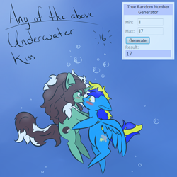 Size: 500x500 | Tagged: safe, artist:kaggy009, oc, oc only, oc:peppermint pattie (unicorn), pegasus, pony, unicorn, ask peppermint pattie, female, kissing, mare, underwater