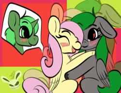 Size: 486x374 | Tagged: safe, fluttershy, oc, oc:darknightprincess, pegasus, pony, blushing, canon x oc, cute, female, hug, lesbian, mare, shipping, waifu