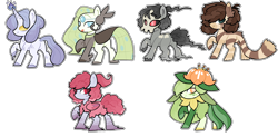 Size: 3000x1480 | Tagged: safe, artist:zuzidrawsstuff, oc, furret, pony, adoptable, duskull, hair over eyes, lilligant, litwick, meloetta, one hoof raised, pokémon, ponified, spritzee, unshorn fetlocks