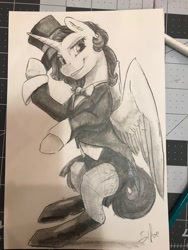 Size: 960x1280 | Tagged: safe, artist:silfoe, twilight sparkle, twilight sparkle (alicorn), alicorn, pony, alternate hairstyle, alternate universe, bowtie, clothes, commission, hat, monochrome, solo, top hat, traditional art, zatanna