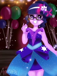 Size: 1800x2401 | Tagged: safe, artist:artmlpk, sci-twi, twilight sparkle, equestria girls, legend of everfree, alternate hairstyle, balloon, clothes, crystal gala, crystal gala dress, cute, dress, female, flower, flower in hair, photo, smiling, solo, twiabetes