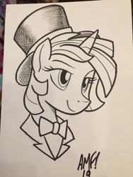 Size: 960x1280 | Tagged: safe, artist:tonyfleecs, twilight sparkle, pony, alternate universe, black and white, bowtie, clothes, commission, grayscale, hat, monochrome, solo, top hat, traditional art