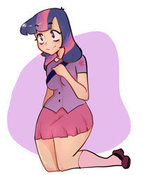 Size: 640x770 | Tagged: safe, artist:ampbatross, twilight sparkle, human, abstract background, clothes, cute, female, full body, humanized, kneeling, miniskirt, moe, shoes, skirt, socks, solo, thighs, twiabetes